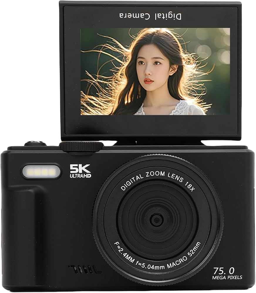Camera Foto Digitala Compacta, 5K, 75 MP, Display LCD de 3.0 Inchi, Flip Screen 180 Grade, Zoom 18x, Anti-shake, WIFI, Suport Micro SD, Focalizare automata, Blit de Incorporat, Compact si Usor, Negru