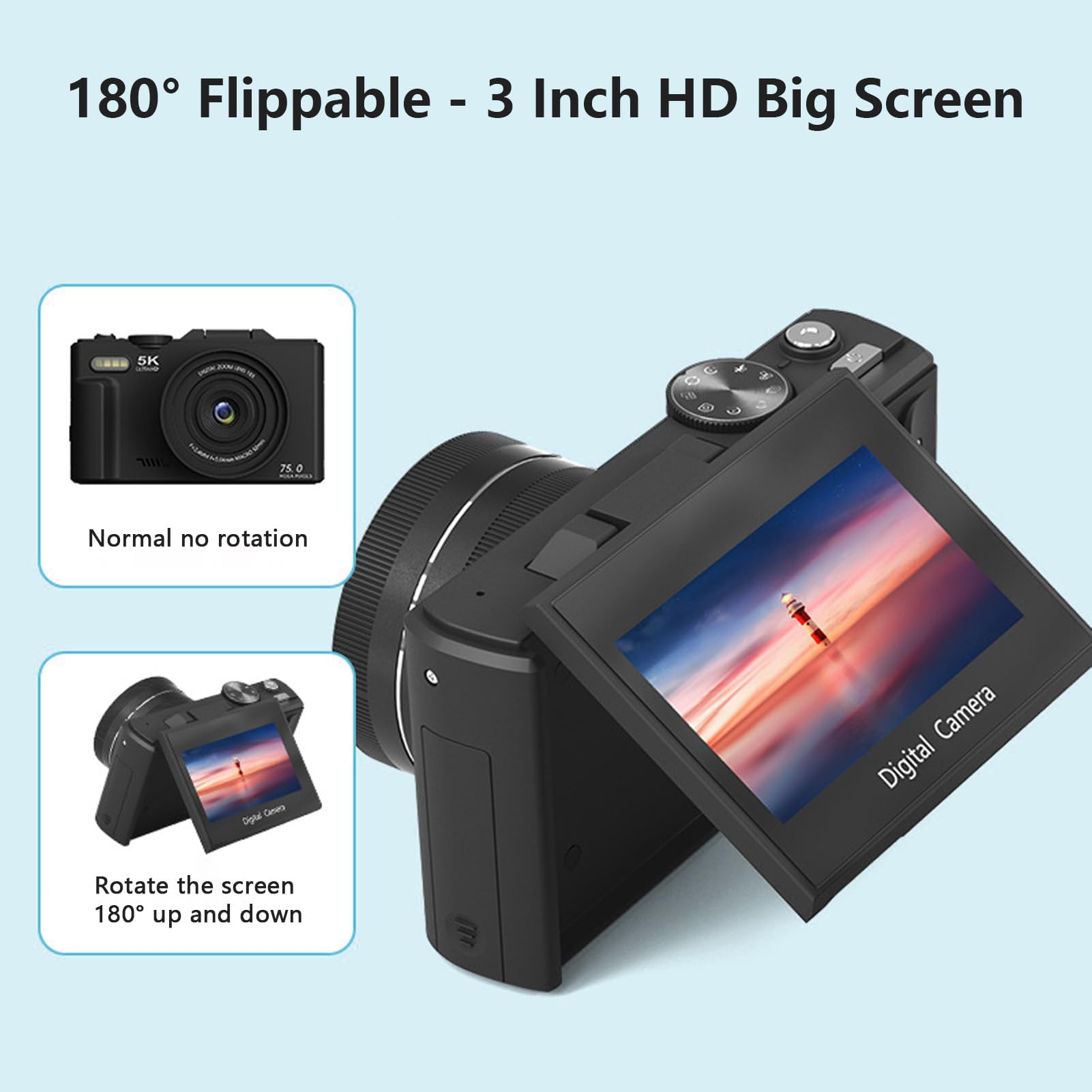 Camera Foto Digitala Compacta, 5K, 75 MP, Display LCD de 3.0 Inchi, Flip Screen 180 Grade, Zoom 18x, Anti-shake, WIFI, Suport Micro SD, Focalizare automata, Blit de Incorporat, Compact si Usor, Negru - imagine 2