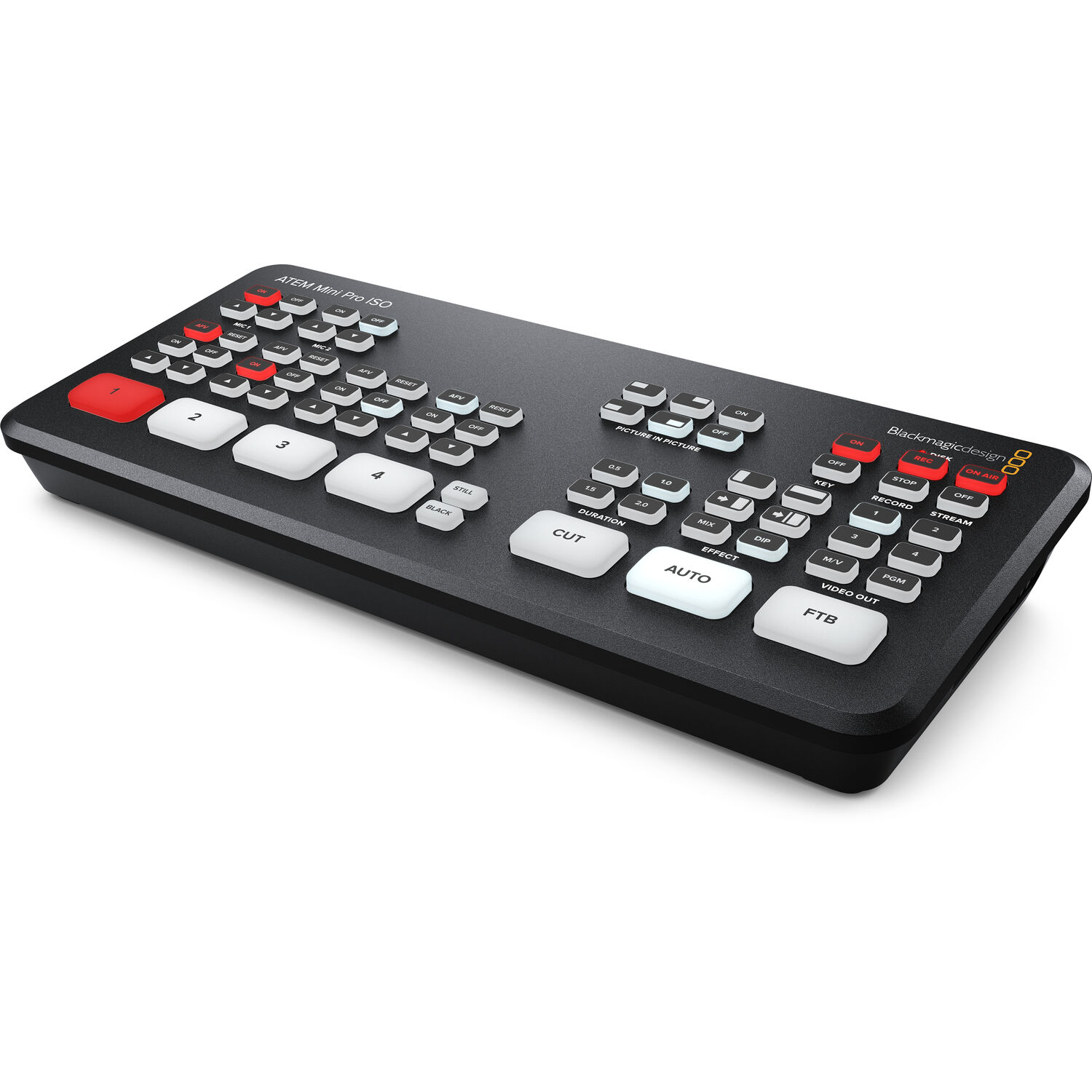 Mixer video Blackmagic ATEM Mini Pro ISO, switcher live cu 4 intrari HDMI, streaming direct pe Youtube si Facebook, inregistrare separata ISO, interfata USB pentru webcam, mixer audio Fairlight incorporat