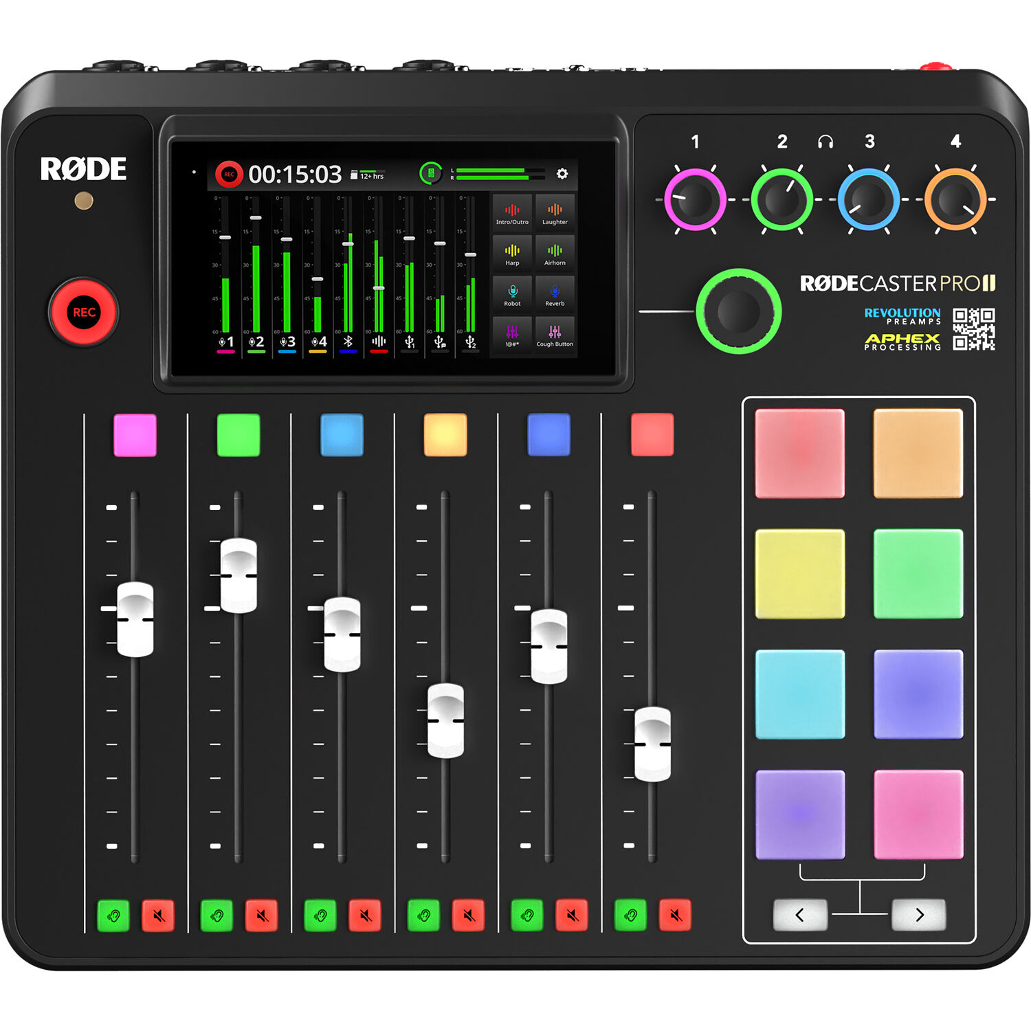 Interfata audio podcast Rode RODECaster Pro II, 4 intrari XLR, 4 iesiri pentru casti, Bluetooth, 8 x Pad-uri SMART complet programabile cu comutare, Negru - imagine 2
