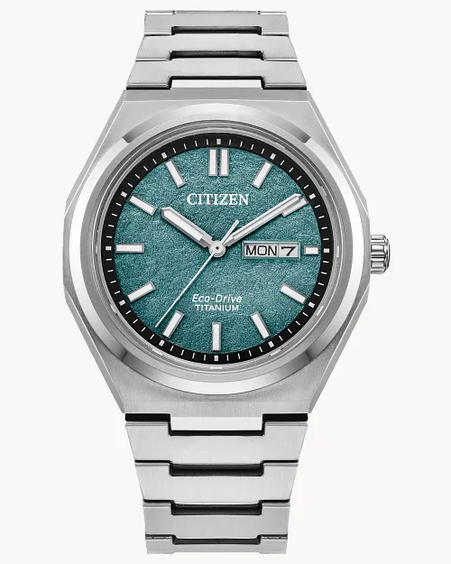 Ceas Citizen Zenshin AW0130-85X, Eco-Drive J800, Super Titanium, 39.5 mm, Geam Safir, Day-Date, 10 ATM / 100 m, Cadran Verde