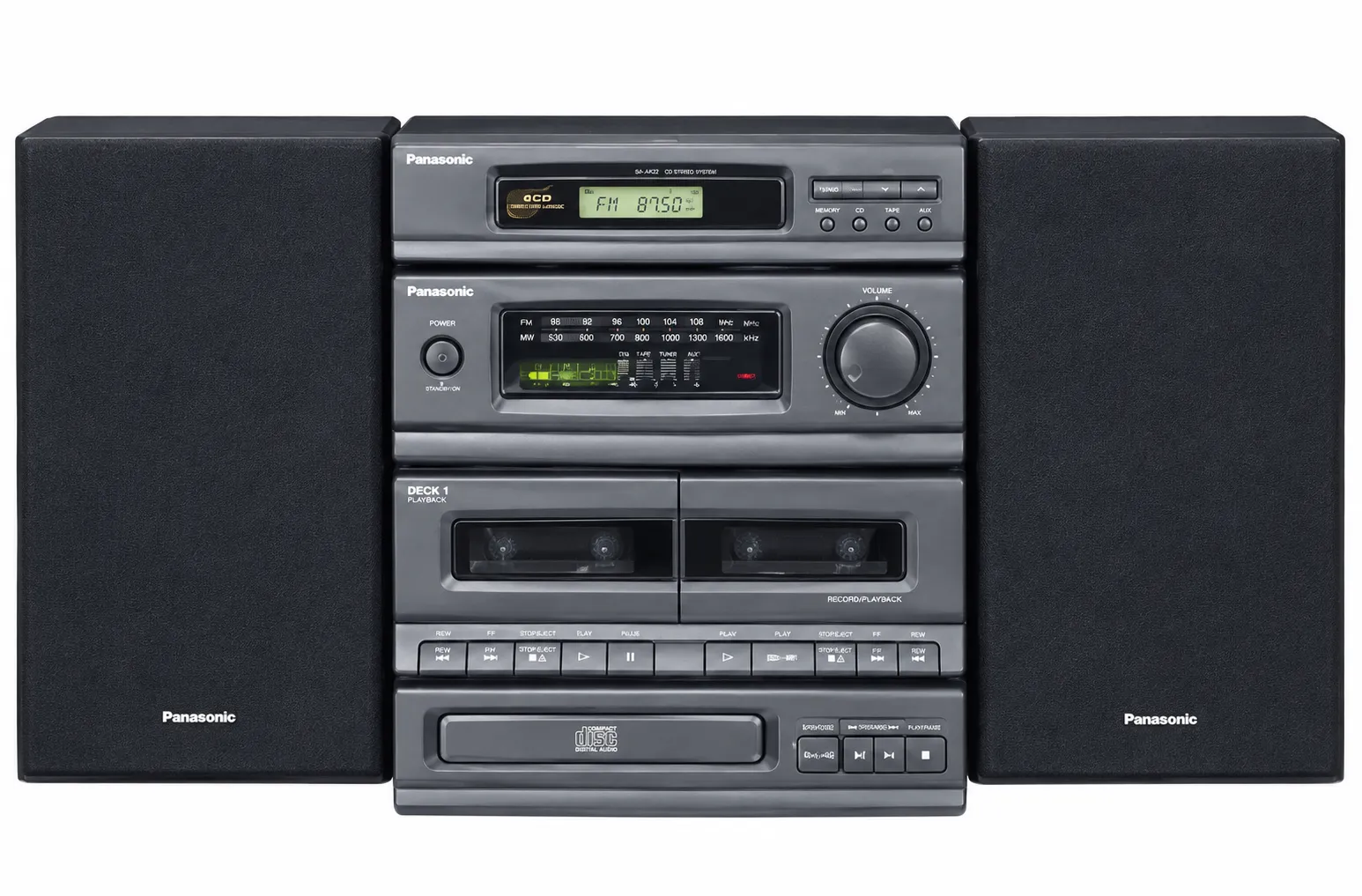 Sistem audio vintage Panasonic SA-DH30, mini-sistem Hi-Fi cu CD player, dublu casetofon, radio si boxe incluse