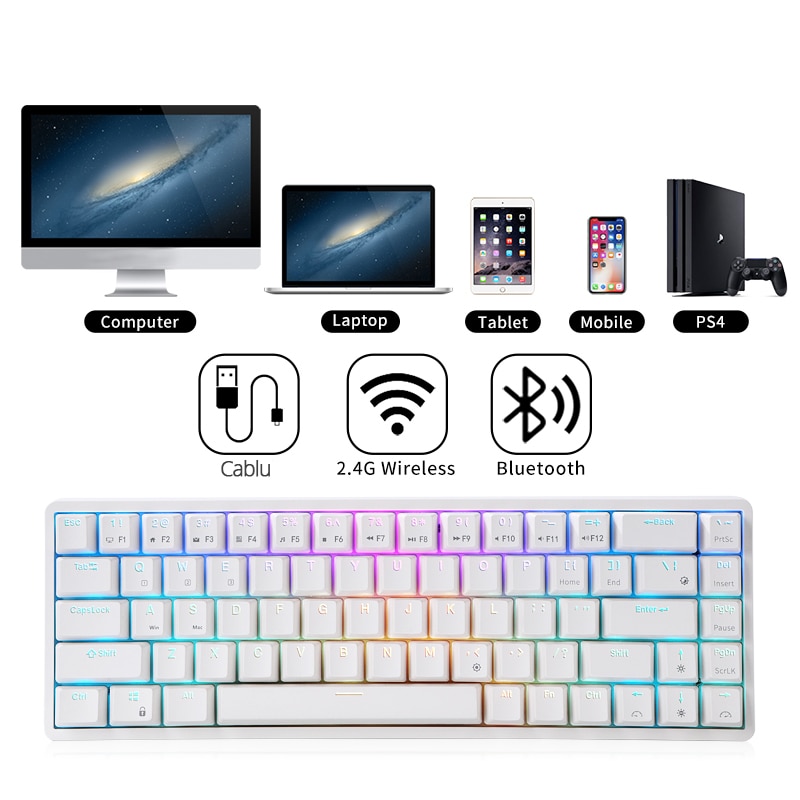 Tastatura Gaming Mecanica Zenkabeat ZK-7, Wireless/ Fir, Cablu, Bluetooth, 2.4Ghz, RGB, 68 Taste, Functie Hot-Swap, Soft customizabil RGB, Compatibila Play Station, Type C to USB 3.0, Baterie 3150 mAh, Red Switches, Alba - imagine 4