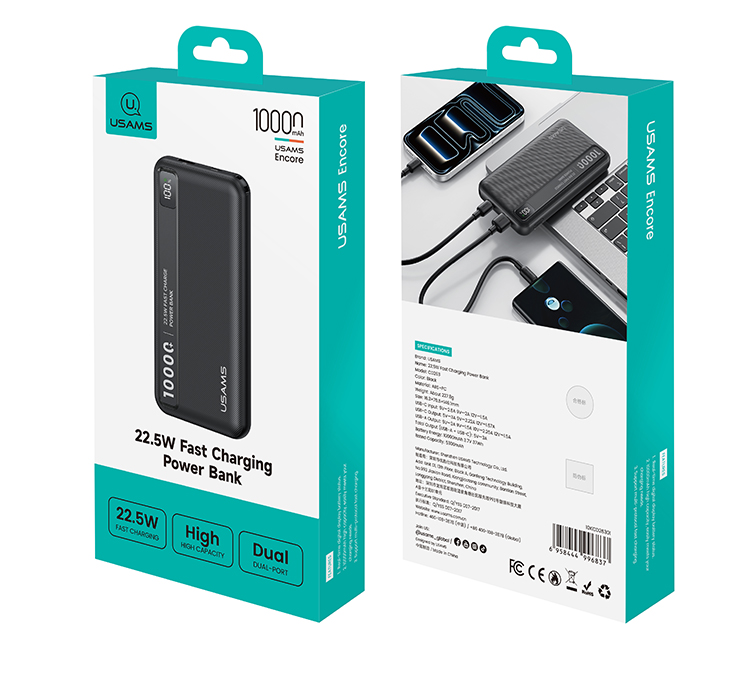 Baterie Externa USAMS CD263, 22.5W, 10000mAh, Incarcare rapida, Negru