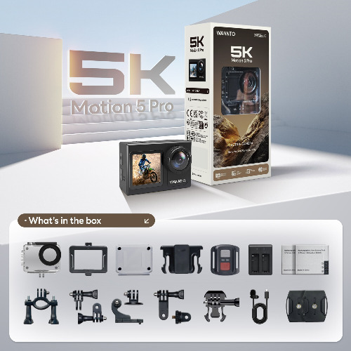 Camera sport WANNTO Motion 5 Pro, 5K/30FPS, 4K/60FPS, rezistenta la apa 40m, microfon extern, set accesorii inclus + Card MicroSD 64GB - imagine 2