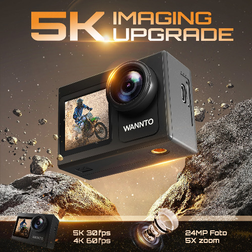 Camera sport WANNTO Motion 5 Pro, 5K/30FPS, 4K/60FPS, rezistenta la apa 40m, microfon extern, set accesorii inclus + Card MicroSD 64GB - imagine 3