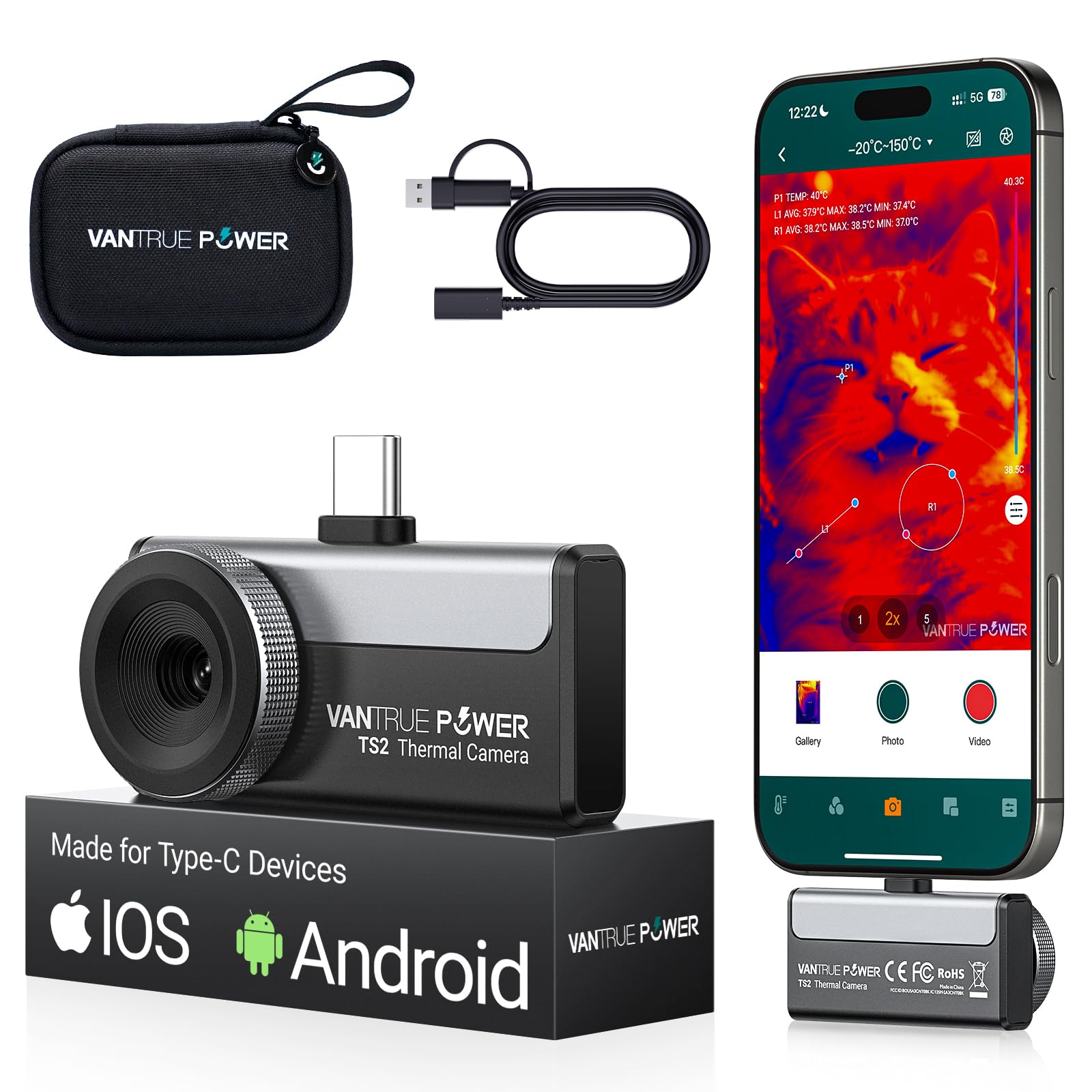 Camera Thermal Vantrue Power TS1, Android, Temperatura Real Time, -20 Grade - 550 Grade, Negru - imagine 2