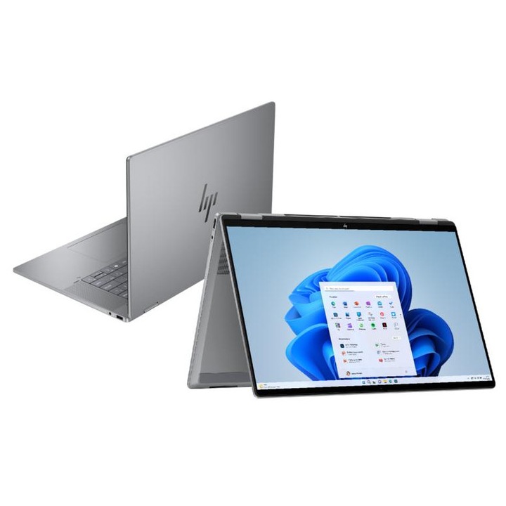 Laptop 2 in 1 HP OmniBook X Flip 16-AR0255NG, Display 16 inch WUXGA, Procesor Ryzen AI 5 340 4.8 Ghz 6-Core, 16 GB RAM DDR5 7500 MHz, SSD 512 NVMe, AMD Radeon 840M Graphics, Tunderbolt, HDMI, Jack 3.5mm, Meteor Grey, Layout German QWERTZ