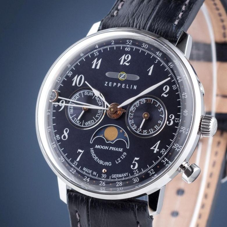 Ceas Barbatesc Zeppelin 7037-3, 36 mm, Quartz, Mecanism Elvetian, WR 30 m, Otel Inoxidabil, Curea din Piele, Sunray Blue