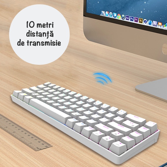 Tastatura Gaming Mecanica Zenkabeat ZK-7, Wireless/ Fir, Cablu, Bluetooth, 2.4Ghz, RGB, 68 Taste, Functie Hot-Swap, Soft customizabil RGB, Compatibila Play Station, Type C to USB 3.0, Baterie 3150 mAh, Red Switches, Alba - imagine 3