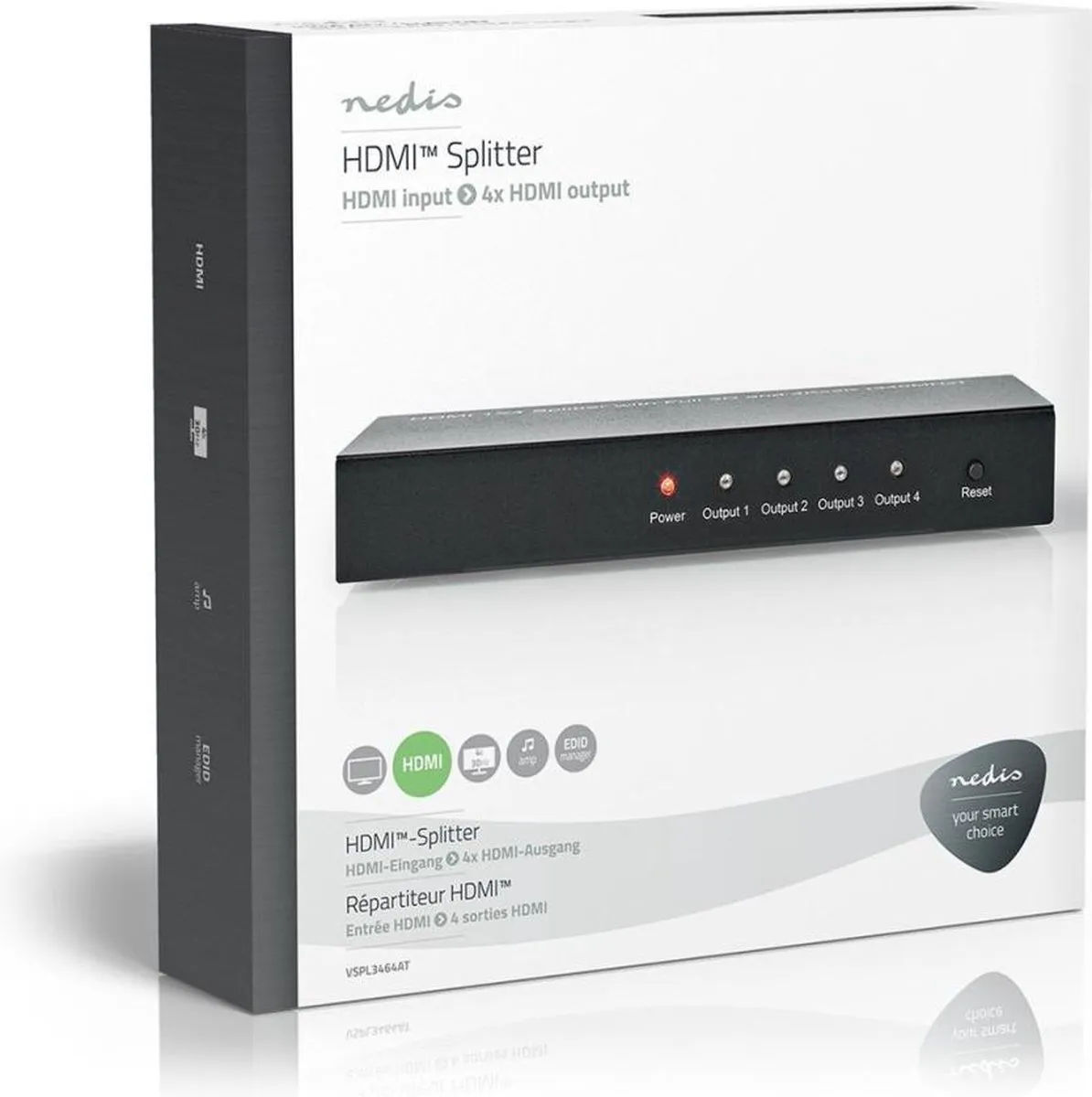Splitter HDMI Nedis VSPL3464AT, 1 Intrare si 4 Iesiri HDMI, Rezolutie 4K