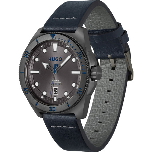 Ceas Barbates Hugo Visit, Quartz, 44 mm, Analog, Otel Inoxidabil, Curea Piele, WR 50 m, Albastru
