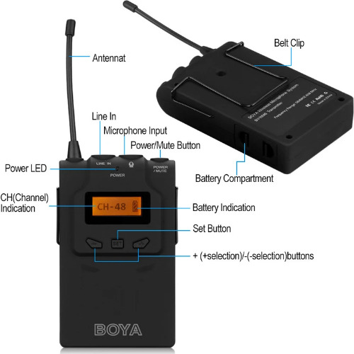 Sistem wireless Boya BY-WM6S cu Microfon lavaliera Transmitator si Receiver, 556.71 MHz-575.98 MHz, 48 Canale, Negru - imagine 2