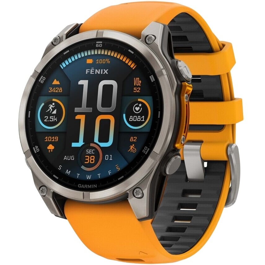 Smartwatch Garmin Fenix 8, 47mm, Sapphire, Titanium, AMOLED, GPS, Bluetooth, Curea Portocalie - imagine 2