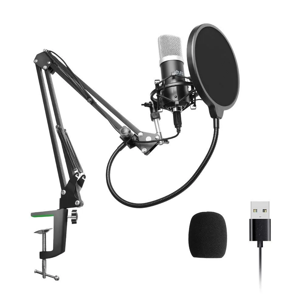 Microfon Set Podcasting UHURU UM-900, Condensator USB, Cardioid, 24-bit/192kHz, Shock Mount, Pop Filter, Negru/Argintiu