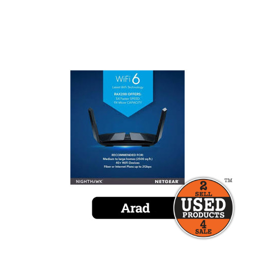 Router Wireless NETGEAR Nighthawk RAX200, AX11000, Tri-Band, Wi-Fi 6, Quad-core 1.8Ghz, 12-Stream, 2 porturi USB 3.0, port 2.5G