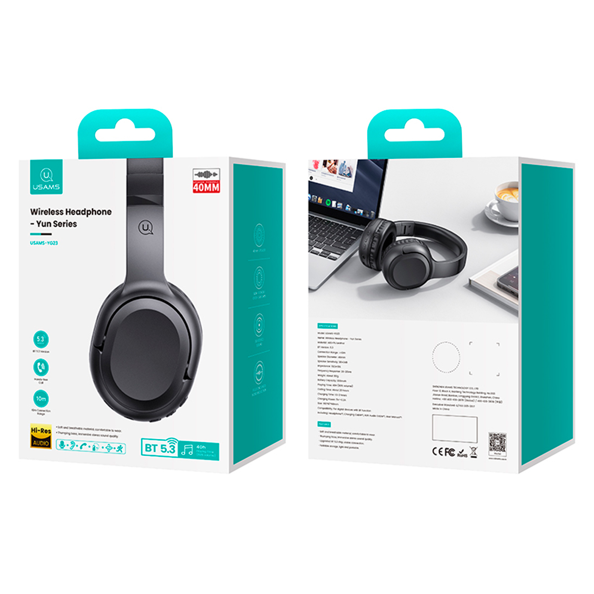 Casti USAMS YG23, Yun Series, BT 5.3, Over-Ear, 40H, Negru - imagine 3